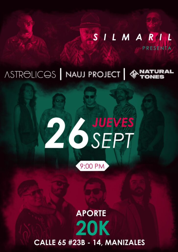 El próximo jueves 26 de septiembre, el bar Silmaril será testigo de un encuentro entre tres bandas destacadas de la escena rockera del Eje Cafetero: Astrolicos, Nauj Project y Natural Tones. Este concierto será una muestra musical diversa donde la experiencia será mucho más que una simple presentación. Es una celebración de la creatividad, la pasión y el talento de los músicos locales, y una oportunidad para fortalecer la comunidad musical independiente de la región.